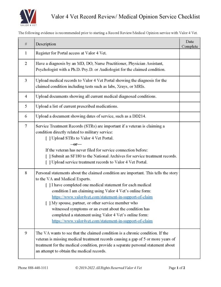 Checklist - Valor 4 Vet | Medical Experts VA Disability Claims