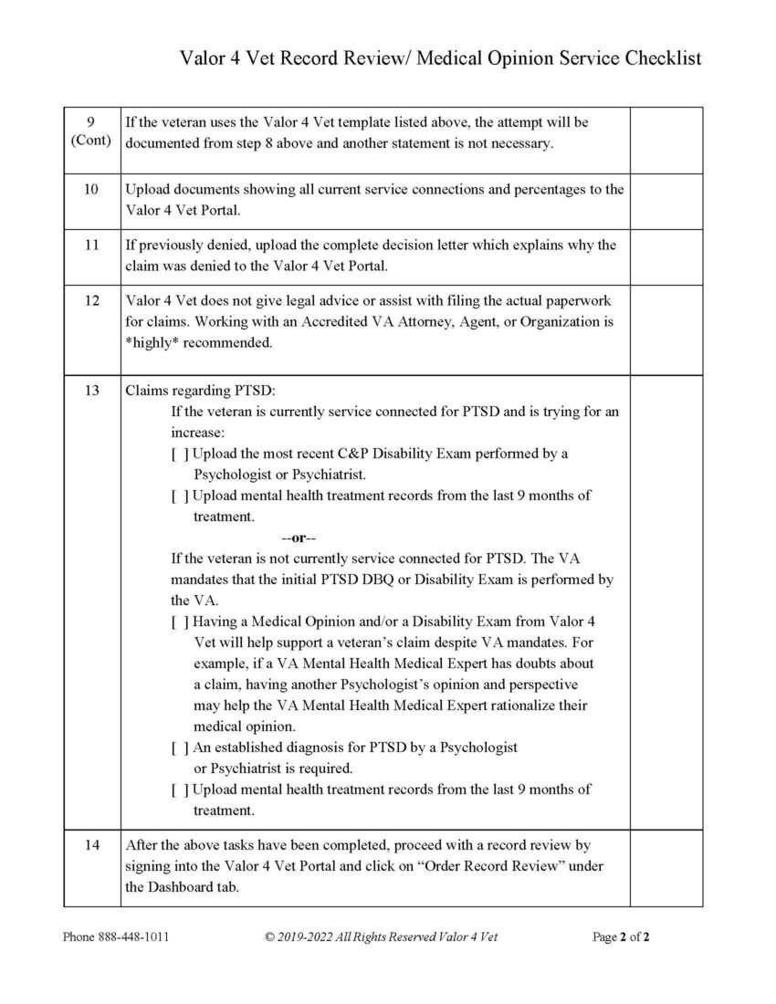 Checklist - Valor 4 Vet | Medical Experts VA Disability Claims